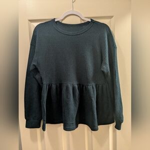 Dark Green Waffle Knit Peplum Top | Small